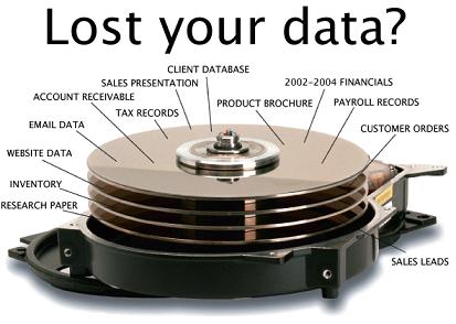 A multi-disk data apparatus with the words "Lost your data?" over the top and various words around it such as "research paper, inventory, website data, email data, account receivable, tax records, sale presentation, client database, product brochure, 2002-2004 financials, payroll records, customer orders, sale leads" which will need to be recovered by a data recovery software.